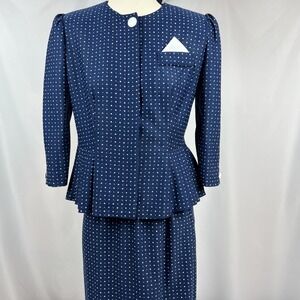 TF Vintage Career Blue & White Polka Dot Peplum Jacket‎ Suit Size 6P